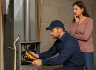 Top Signs Your Heating System Needs Professional Attention Technician checking furnace as worried homeowner watches.