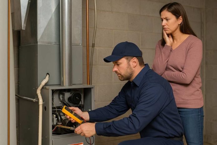 Top Signs Your Heating System Needs Professional Attention Technician checking furnace as worried homeowner watches.