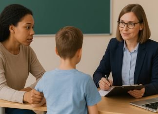 How to Talk to Your Child’s School About ABA and Accommodations Parent meeting with school about ABA and child accommodations.