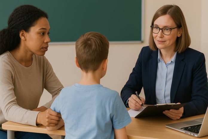 How to Talk to Your Child’s School About ABA and Accommodations Parent meeting with school about ABA and child accommodations.
