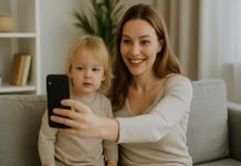 How Famous Parenting Shapes Mom Life in the Digital Age Mom and child taking a selfie in a cozy living room.