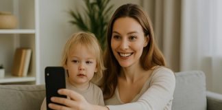 Mom and child taking a selfie in a cozy living room.