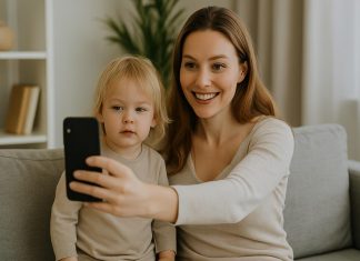 How Famous Parenting Shapes Mom Life in the Digital Age Mom and child taking a selfie in a cozy living room.