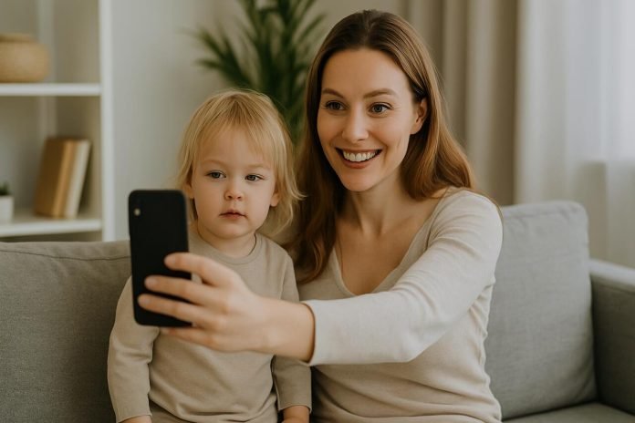 How Famous Parenting Shapes Mom Life in the Digital Age Mom and child taking a selfie in a cozy living room.