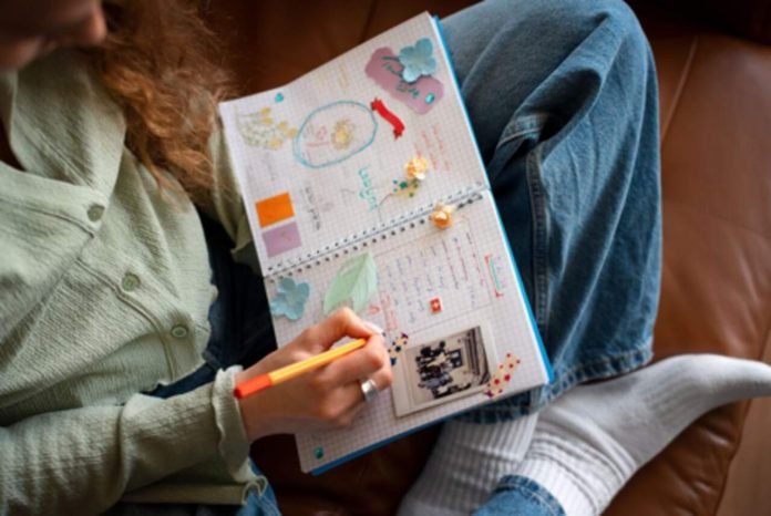 Pregnancy Memory Checklist (That Doesn’t Involve Scrapbooking) Woman journaling with colorful scrapbook elements in a notebook.
