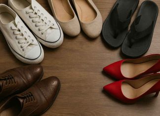 7 Footwear Mistakes That Could Be Harming Your Health Assorted footwear types on wooden floor representing unhealthy shoe choices.