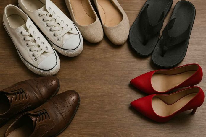 Footwear Mistakes That Could Be Harming Your Health Assorted footwear types on wooden floor representing unhealthy shoe choices.