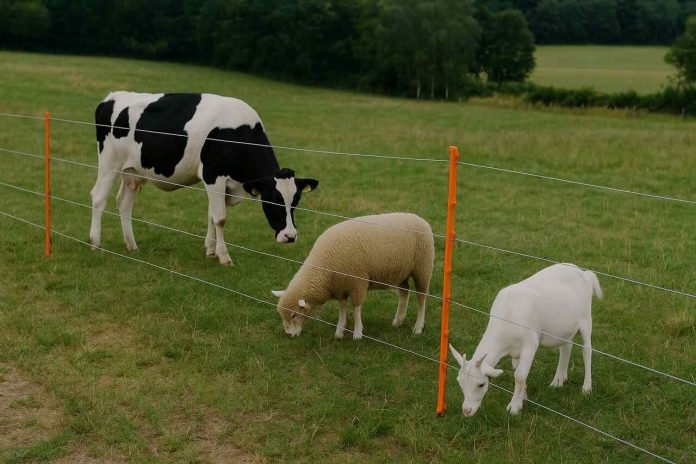 How Can You Choose a Portable Electric Fence System Portable electric fence with cow, sheep, and goat in a pasture.