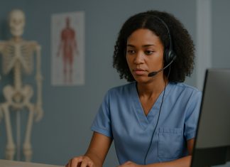 How Virtual Reception Services Triage Patient Concerns Virtual medical receptionist using headset at workstation.