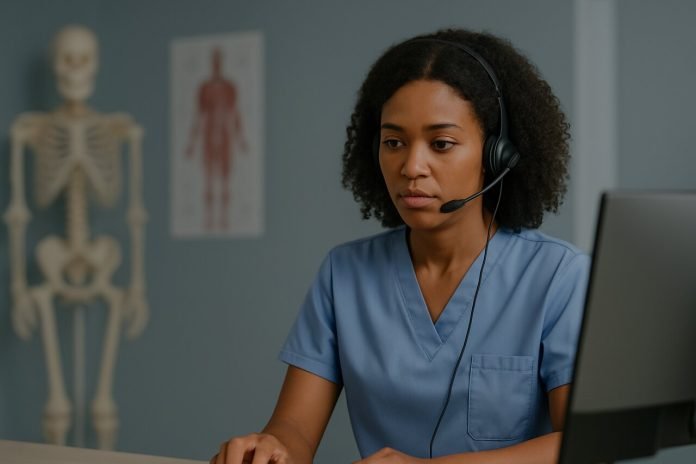 virtual-reception-services Virtual medical receptionist using headset at workstation.