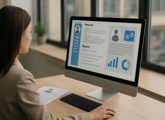 HR professional reviewing candidate profiles on an ATS dashboard.