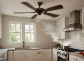 DIY Installation of Ceiling Fans for Better Kitchen Ventilation Modern kitchen with ceiling fan installed above, dispersing steam from cooking pot on stove.