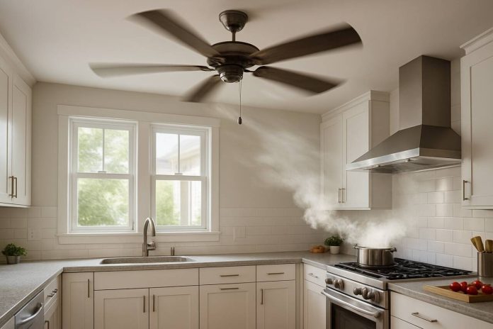 DIY Installation of Ceiling Fans for Better Kitchen Ventilation Modern kitchen with ceiling fan installed above, dispersing steam from cooking pot on stove.