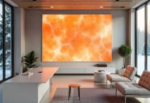 Modern living room with a large glowing Himalayan salt wall panel and contemporary furniture
