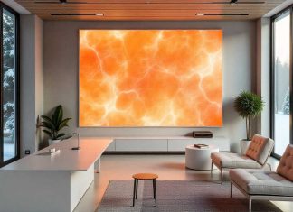 Transform Your Space Naturally with Himalayan Salt Decor Modern living room with a large glowing Himalayan salt wall panel and contemporary furniture
