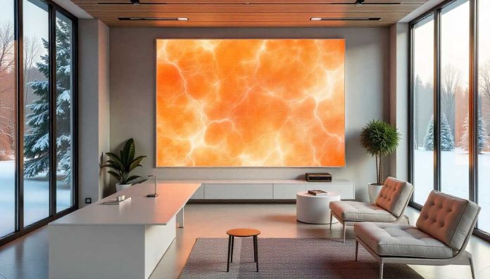Transform Your Space Naturally with Himalayan Salt Decor Modern living room with a large glowing Himalayan salt wall panel and contemporary furniture