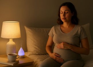 5 Natural Treatments for Pregnancy Insomnia Pregnant woman relaxing in bed at night with herbal tea