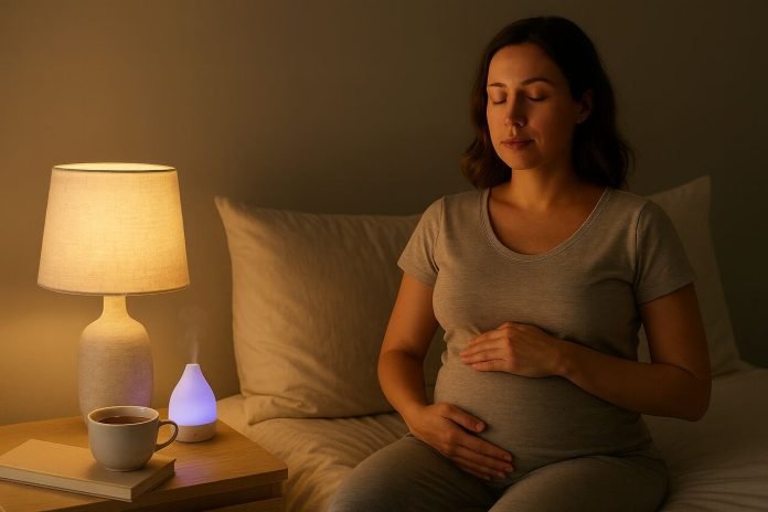 5 Natural Treatments for Pregnancy Insomnia Pregnant woman relaxing in bed at night with herbal tea