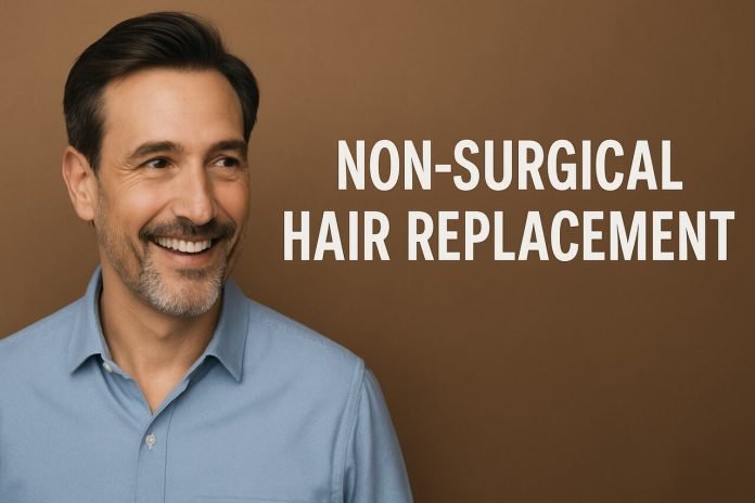 Non Surgical Hair Replacement Smiling man with natural non-surgical hair replacement system.