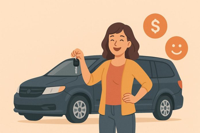 How Preventive Car Maintenance Makes Mom Life Easier Happy mom with a car, highlighting benefits of preventive vehicle maintenance.