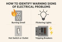 Infographic showing four warning signs of electrical problems: burning smell, flickering lights, hot outlets, and tripping breakers.
