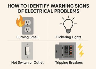 How to Identify Warning Signs of Electrical Problems Infographic showing four warning signs of electrical problems: burning smell, flickering lights, hot outlets, and tripping breakers.