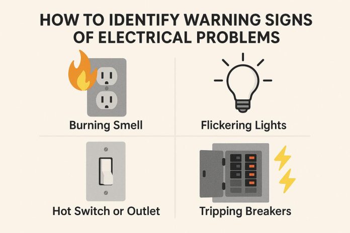 Warning Signs of Electrical Problems (1) Infographic showing four warning signs of electrical problems: burning smell, flickering lights, hot outlets, and tripping breakers.