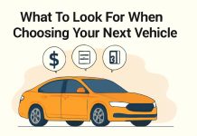 Smart Car Buying Tips for Moms: What to Look for in Your Next Family Vehicle A clean, flat-style digital illustration showing an orange midsize sedan with four key icons above it: a dollar sign for price, a checklist for planning, a shield for safety, and a fuel symbol for fuel efficiency.
