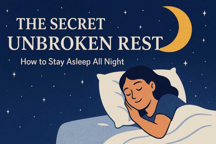 The Secret to Unbroken Rest Woman sleeping peacefully under starry sky and crescent moon.