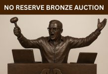 Bronze sculpture of an auctioneer with raised arms and gavel, promoting a no-reserve bronze auction.
