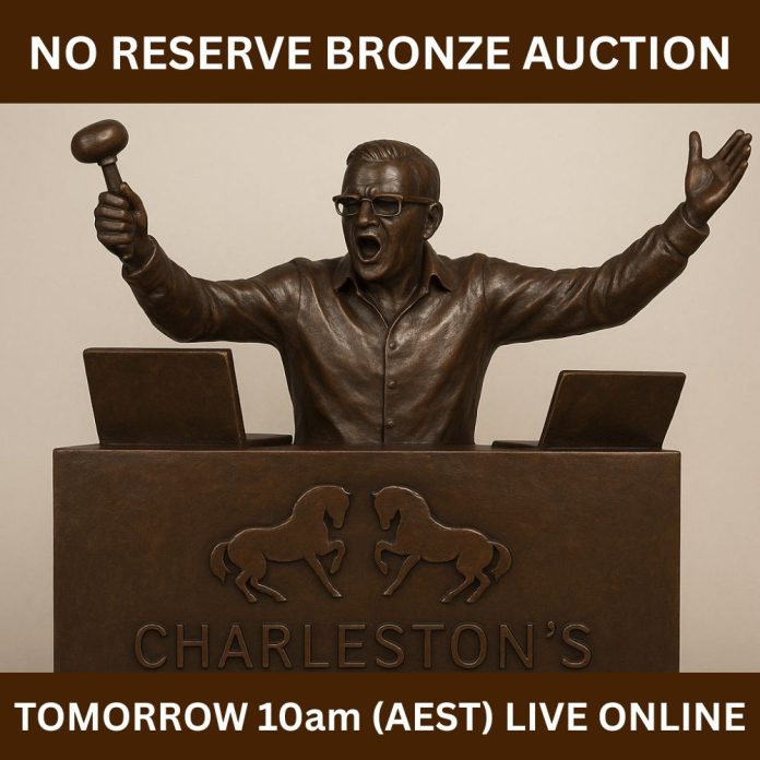 How to Choose the Right Auction House for Your Fine Art Collection Bronze sculpture of an auctioneer with raised arms and gavel, promoting a no-reserve bronze auction.