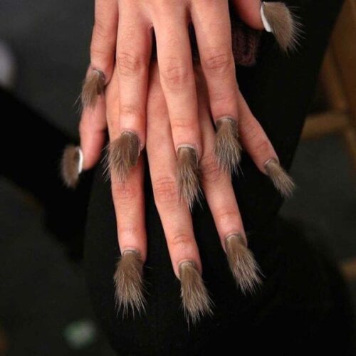 Close-up of hands with long brown furry nails, featuring tufts of faux fur extending from each fingertip.