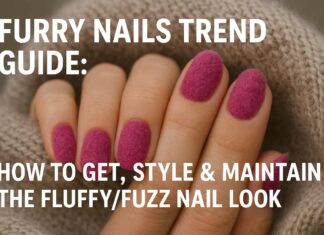 Furry Nails Trend Guide: How to Get, Style & Maintain the Fluffy Nail Look Close-up of a woman's hand with vibrant pink furry nails resting on a beige knitted fabric, showcasing the fluffy texture of the nail art.