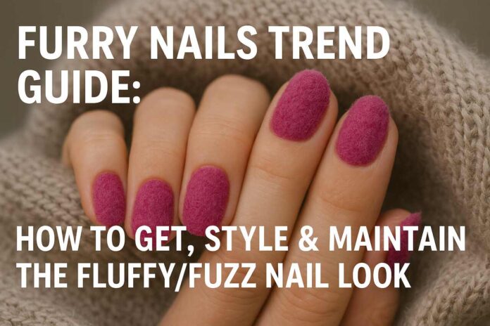Furry Nails Trend Guide Close-up of a woman's hand with vibrant pink furry nails resting on a beige knitted fabric, showcasing the fluffy texture of the nail art.