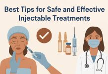 A flat-style illustration showing safe and effective injectable treatments, with a patient receiving a facial injection, a doctor in a lab coat and mask, medical vials, a syringe, and a checkmark symbol.