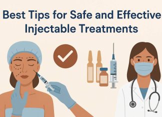 Best Tips for Safe and Effective Injectable Treatments A flat-style illustration showing safe and effective injectable treatments, with a patient receiving a facial injection, a doctor in a lab coat and mask, medical vials, a syringe, and a checkmark symbol.