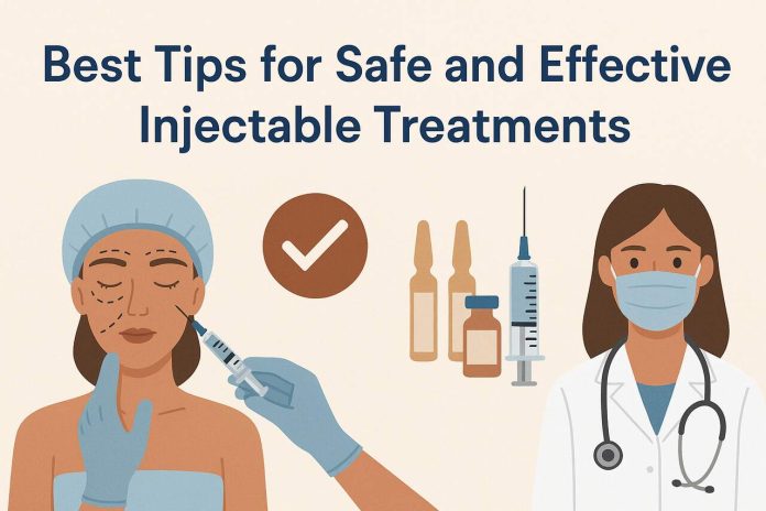 Best Tips for Safe and Effective Injectable Treatments A flat-style illustration showing safe and effective injectable treatments, with a patient receiving a facial injection, a doctor in a lab coat and mask, medical vials, a syringe, and a checkmark symbol.