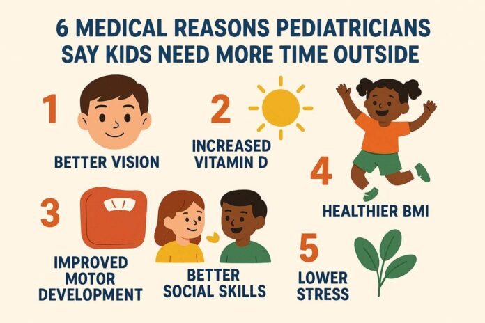 Medical Reasons Pediatricians Infographic showing six health benefits for kids spending time outdoors.