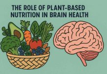 Basket of plant foods next to a brain illustration on teal background.