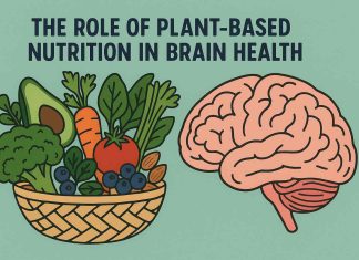 The Role of Plant-Based Nutrition in Brain Health Basket of plant foods next to a brain illustration on teal background.