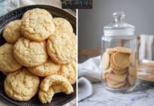 Left: A black plate stacked with soft, crinkly vanilla cookies, one with a bite taken out. Right: A glass jar filled with round vanilla cookies on a marble countertop.