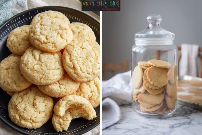 Vanilla Cookie Recipe Left: A black plate stacked with soft, crinkly vanilla cookies, one with a bite taken out. Right: A glass jar filled with round vanilla cookies on a marble countertop.