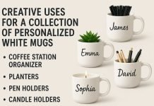 Creative Uses for a Collection of Personalized White Mugs Four white mugs reused as coffee organizer, planter, pen holder, and candle holder.