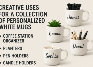 Creative Uses for a Collection of Personalized White Mugs Four white mugs reused as coffee organizer, planter, pen holder, and candle holder.