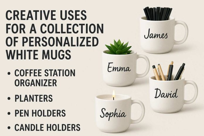 Four white mugs reused as coffee organizer, planter, pen holder, and candle holder.
