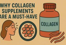 Collagen supplement bottle and woman's profile with collagen fibers.
