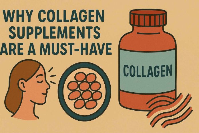 Why Collagen Supplements Are a Must-Have Collagen supplement bottle and woman's profile with collagen fibers.