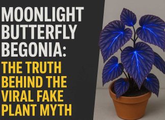 Moonlight Butterfly Begonia: The Truth Behind the Viral Fake Plant Myth Moonlight Butterfly Begonia with glowing blue veins in a pot beside myth-busting text.