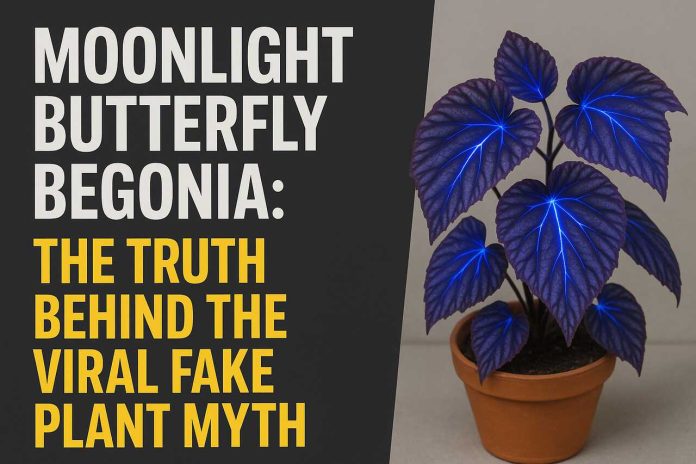 Moonlight Butterfly Begonia Moonlight Butterfly Begonia with glowing blue veins in a pot beside myth-busting text.