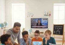 A father and four children are gathered around a large map, engaging in a discussion about government and global leaders. The children are holding different materials, such as tablets and newspapers, while the father points to the map. A TV in the background shows a news broadcast, and a chalkboard nearby reads "Government & the News."